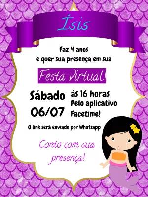 Convite Aniversário Sereia Roxo para Editar e Enviar Online