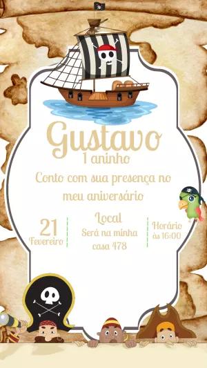 Convite de Aniversário Pirata com Navio para Editar Online