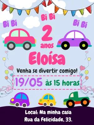 Convite Aniversário Tema Carrinhos Coloridos para Editar Online