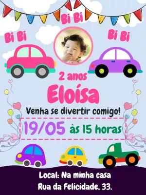 Convite de Aniversário Carrinhos com Foto para Editar Online