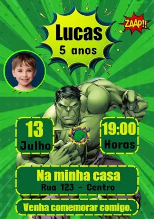 Convite Aniversário Hulk com Foto para Editar Online