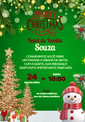 Convite de Natal com Árvore Dourada e Boneco de Neve para Editar