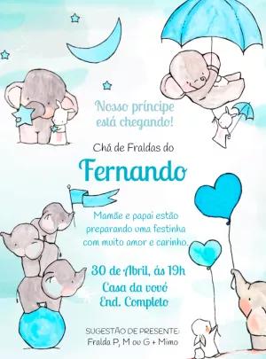 Convite Chá de Fraldas Elefantinho Azul para Editar Online