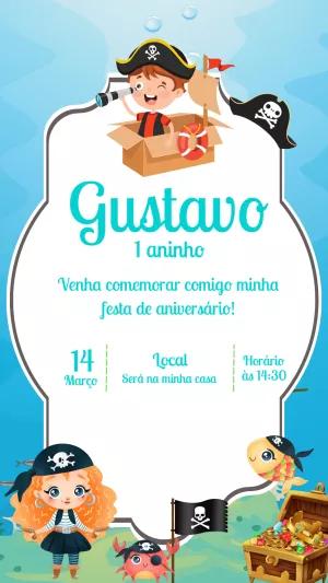 Convite de Aniversário Pirata Infantil para Editar Online