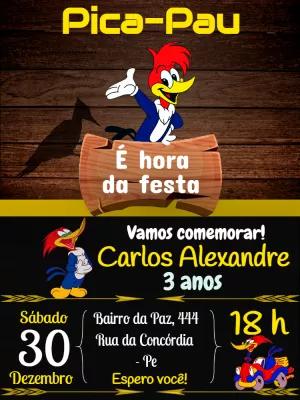 Convite de Aniversário Pica-Pau para Editar Online