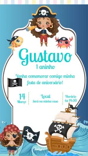 Convite de Aniversário Pirata Menina para Editar Online