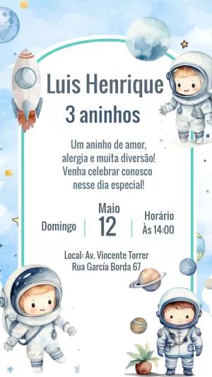Convite Aniversário Astronauta Fofo para Editar Online