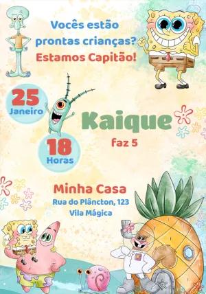 Convite Aniversário Bob Esponja Aquarela para Editar Online