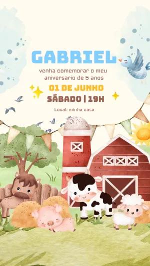 Convite Aniversário Fazendinha com Animais para Editar Online