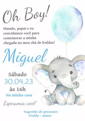 Convite Chá de Fraldas Elefantinho Azul para Editar Online
