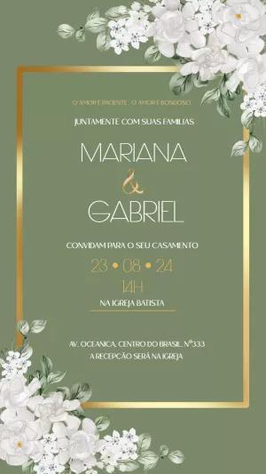 Convite de Casamento Floral Verde e Dourado para Editar Online