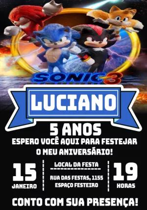 Convite de Aniversário Sonic 3 com Personagens para Editar