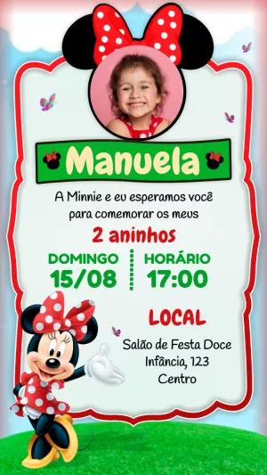Convite de Aniversário Minnie Mouse com Foto para Editar