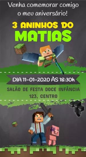 Convite Aniversário Minecraft com Personagens para Editar Online