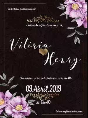 Convite de Casamento Floral Elegante com Fundo Preto para Editar