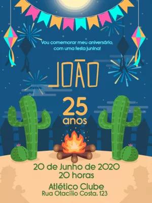 Convite de Aniversário Festa Junina com Cactos para Editar