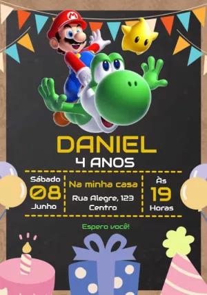 Convite de Aniversário Super Mario e Yoshi para Editar Online
