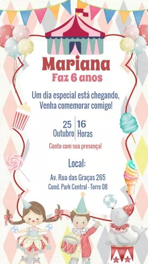 Convite Aniversário Circo Rosa com Personagens para Editar