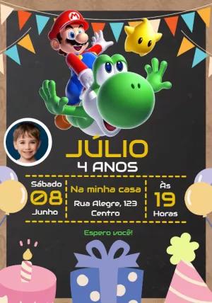 Convite Aniversário Super Mario com Foto para Editar Online
