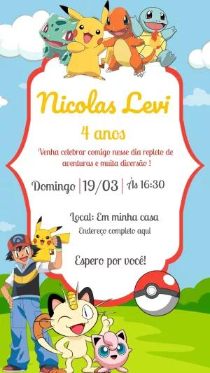 Convite de Aniversário Pokémon com Pikachu para Editar Online