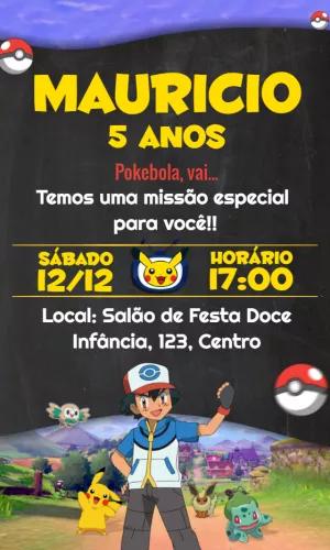 Convite de Aniversário Pokémon com Personagens para Editar