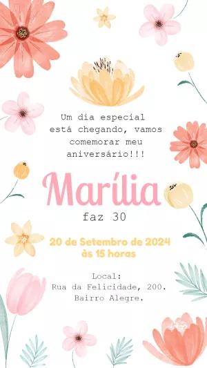 Convite de Aniversário Floral Aquarela para Editar Online
