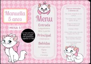 Menu de Festa Gatinha Marie Editável Online para Imprimir