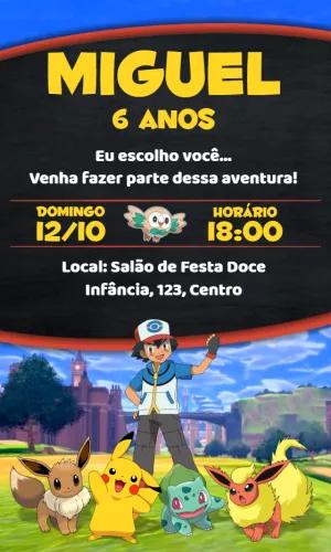 Convite de Aniversário Pokémon com Personagens para Editar Online
