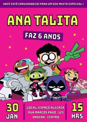 Convite Aniversário Jovens Titãs em Ação para Editar Online