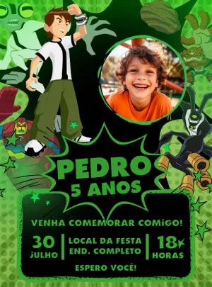 Convite Aniversário Ben 10 com Foto para Editar Online