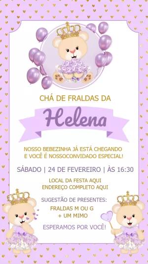 Convite Chá de Fraldas Ursinha Princesa para Editar Online