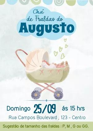 Convite Chá de Fraldas Aquarela com Carrinho de Bebê para Editar