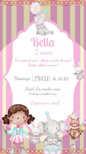 Convite Aniversário Circo Rosa com Animais para Editar Online