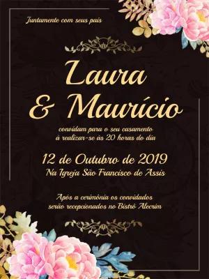 Convite de Casamento Floral Preto e Dourado para Editar Online