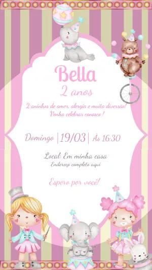 Convite Aniversário Circo Rosa Aquarela para Editar Online