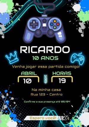 Convite de Aniversário Gamer Neon com Controle para Editar Online