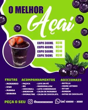 Cardápio de Açaí Moderno para Editar Online e Divulgar
