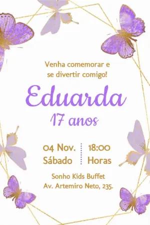 Convite Aniversário Borboleta Lilás e Dourado Editável