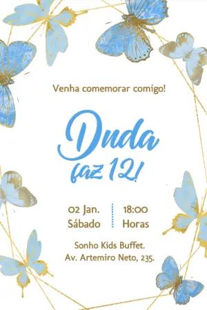 Convite de Aniversário Borboleta Azul e Dourada para Editar