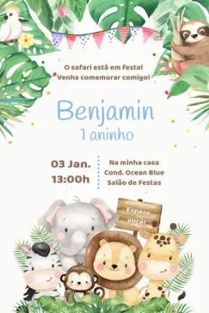 Convite de Aniversário Safari com Animais Fofos para Editar
