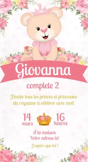 Invitation anniversaire oursonne princesse rose modèle à modifier