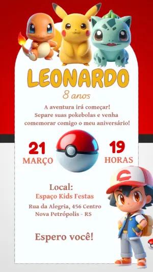 Convite Aniversário Pokémon com Pikachu e Amigos para Editar