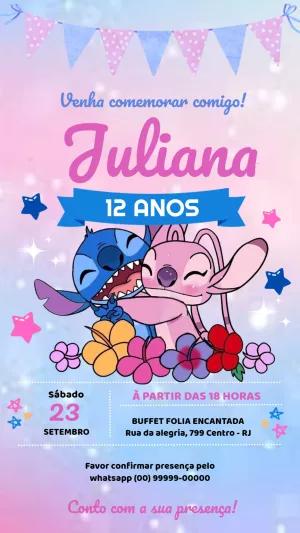 Convite Aniversário Stitch e Angel Rosa para Editar Online