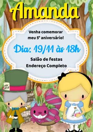 Convite Aniversário Alice no País das Maravilhas para Editar