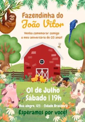 Convite de Aniversário Fazendinha com Animais para Editar