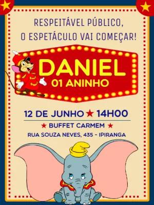 Convite Aniversário Dumbo Circo para Editar Online
