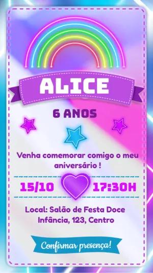 Convite Aniversário Arco-íris Neon para Editar Online
