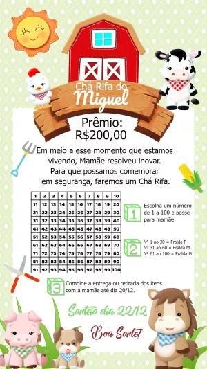 Convite Chá Rifa Fazendinha com Animais para Editar Online