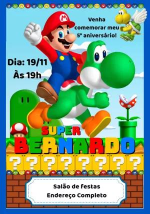 Convite de Aniversário Super Mario e Yoshi para Editar Online