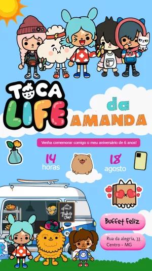 Convite Aniversário Toca Life com Personagens para Editar Online